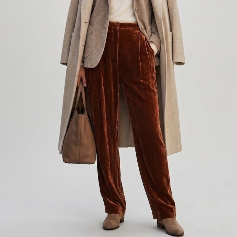 Brunello Cucinelli Rust Velvet Wide Leg Pleated Silk Blend Trouser Pants Size 2